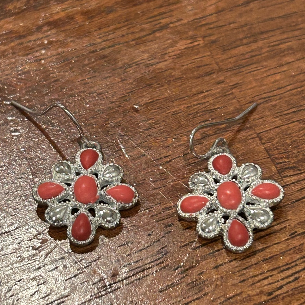 Chaps Silver and Coral Floral Earrings
